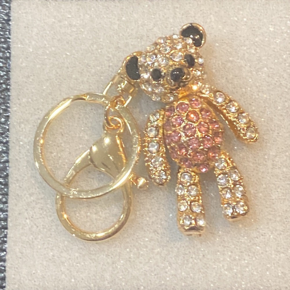 Gold White & Pink Austrian Crystal Teddy Bear Dangly Legs Keychain Purse Charm